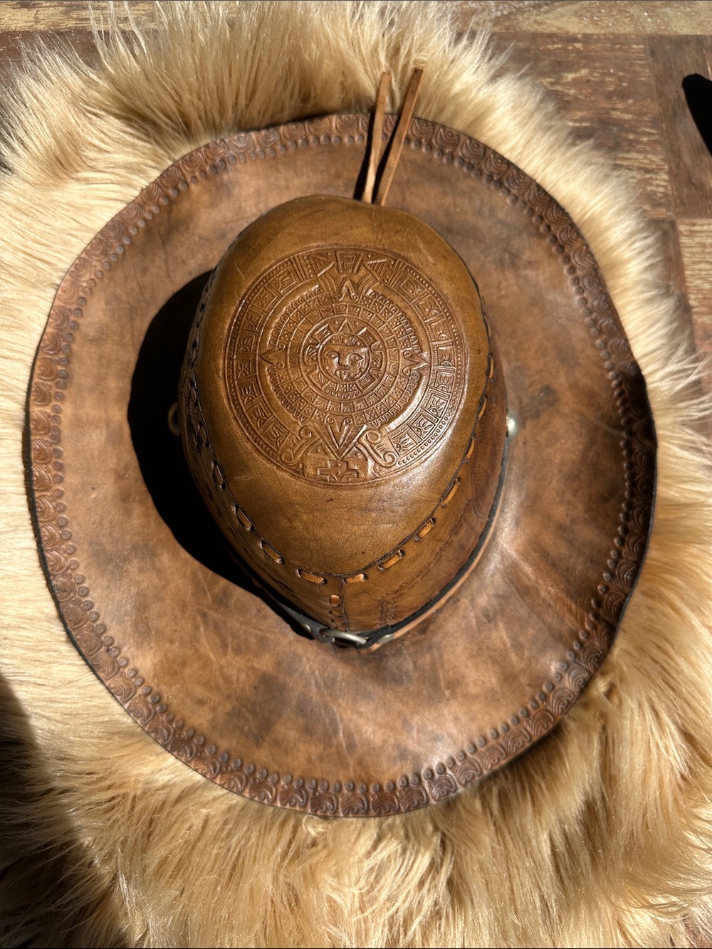 Men's Brown Leather Cowboy Hat with Mayan Design- Handcrafted Western Style
